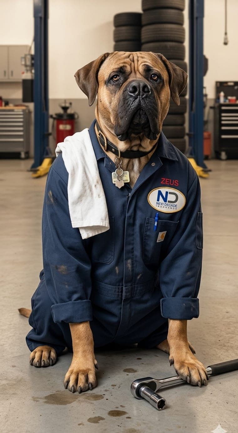 Zeus dressed as an auto mechanic in a repair bay