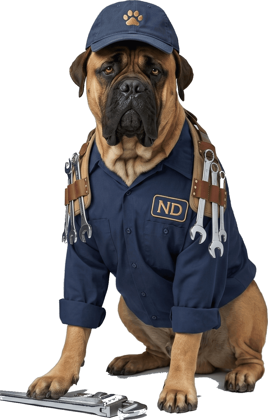 Zeus dressed as a plumber with tool belt