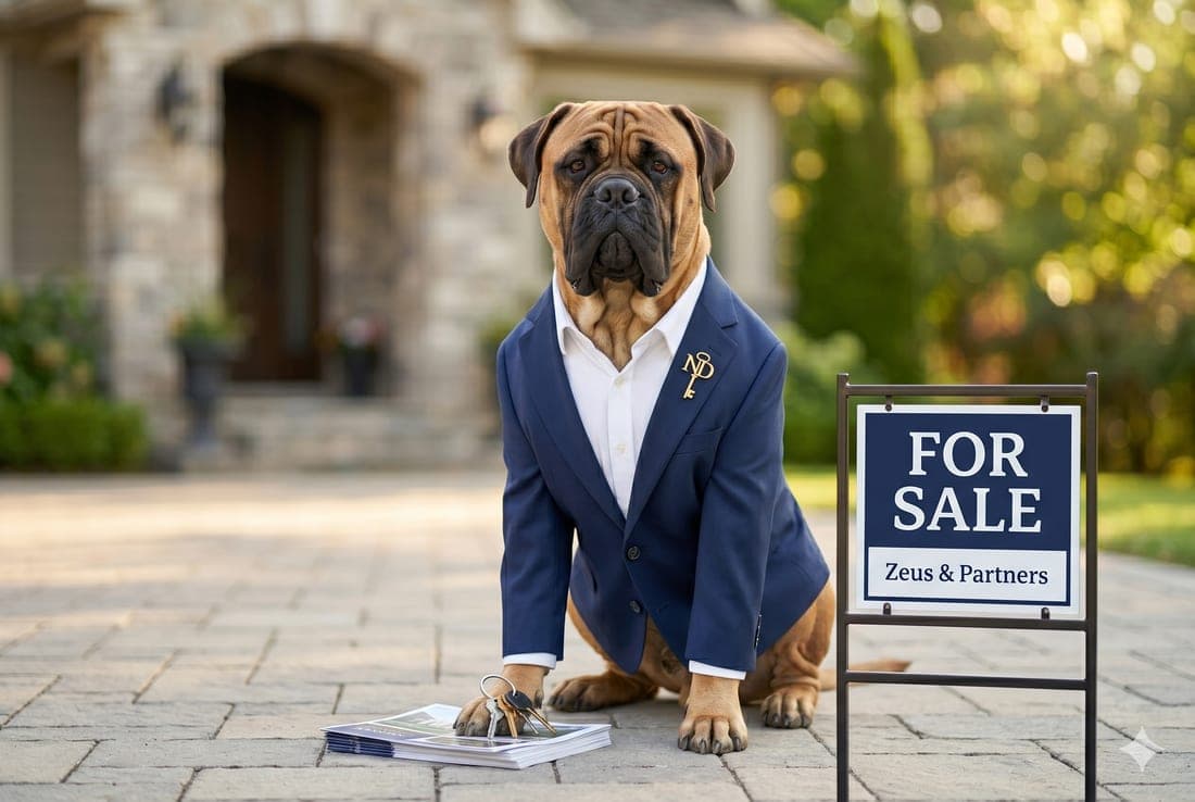 Zeus dressed as a real estate agent with a For Sale sign