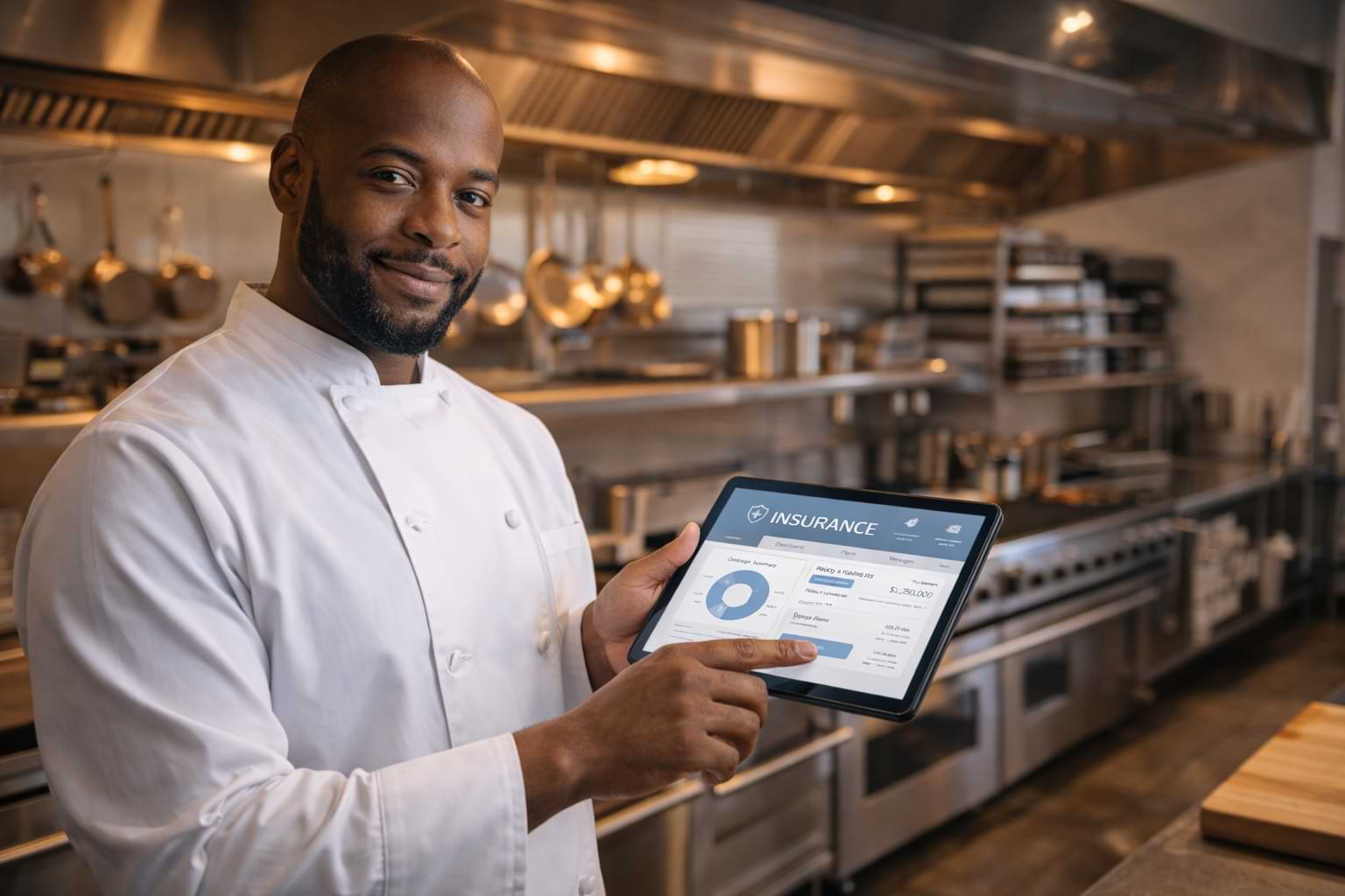 Professional business owner in modern restaurant kitchen commercial insurance concept