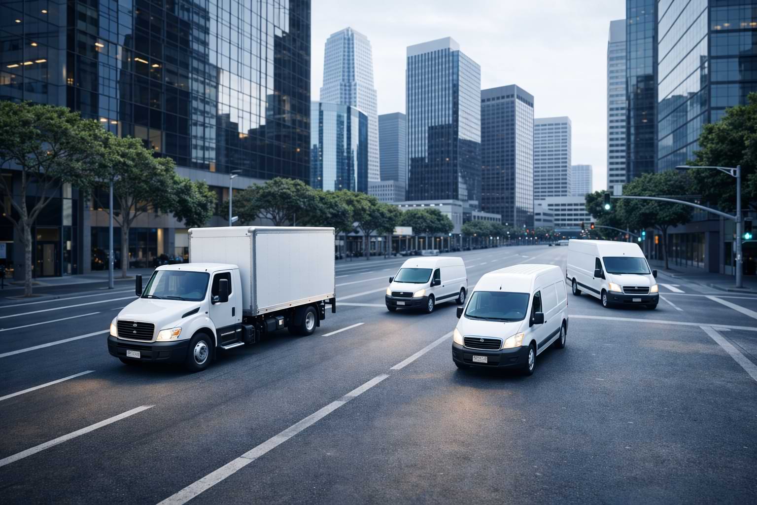 Commercial delivery van fleet on city street business logistics insurance