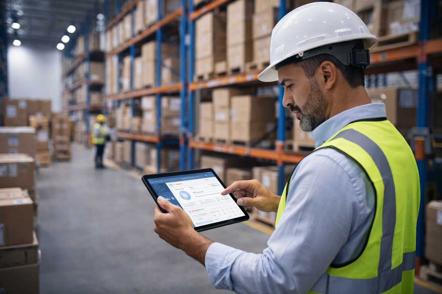 Warehouse manager using tablet logistics and workers compensation insurance concept